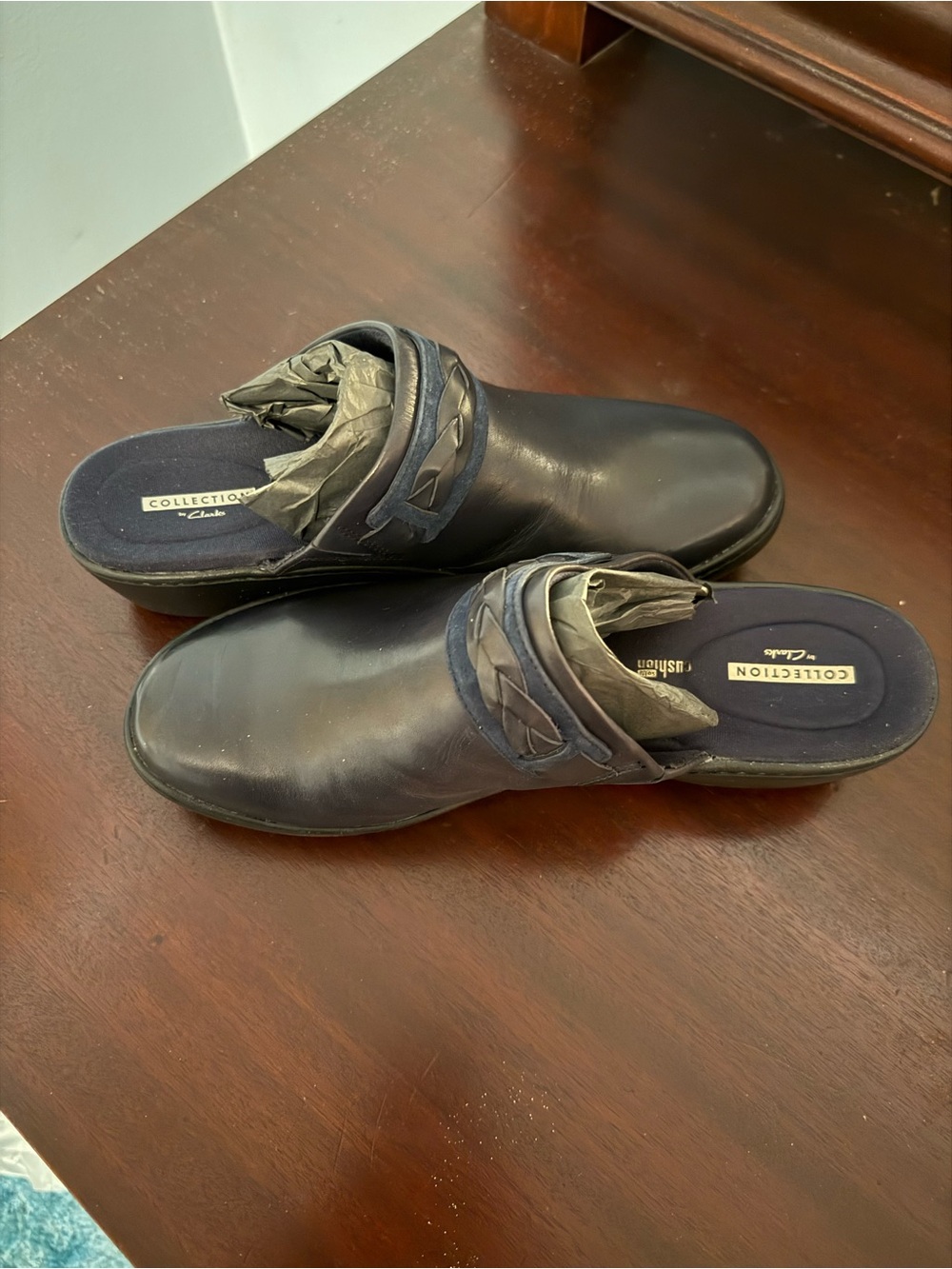 Clarks Collection Navy Leather Slip-On Mules